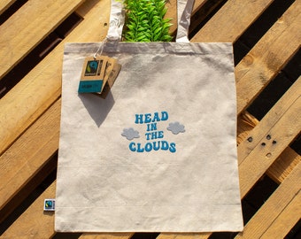 Head in the Clouds Embroidery Bag, Canvas Tote Bag, Shopping Cotton Bag, Positive Saying Bag, Embroidered Saying Tote Bag, Clouds Embroidery