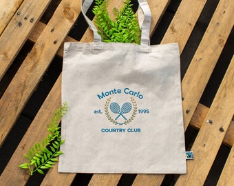 Monte Carlo Canvas Tote Bag, Country Club Tote Bag, Organic Bag, Shopping Bag, Vintage Monaco Embroidered Tote Bag, Country Club Tennis Bag