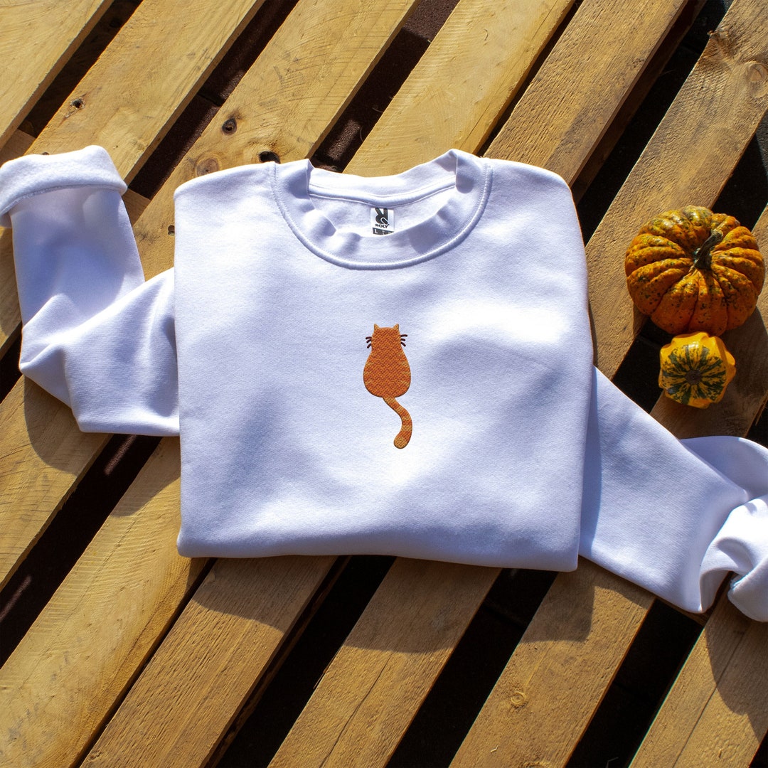 Orange Cat Embroidery Sweatshirt, Embroidered Gift Sweatshirt, Cute Cat