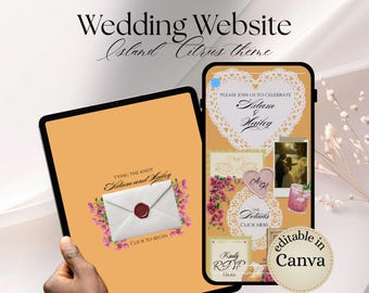 Puede incluir: Diseño de sitio web de boda digital en tableta y teléfono inteligente, con tema Island Citrus. La tableta muestra una invitación con los nombres "Adam y Hailey". El teléfono inteligente muestra detalles de la boda, incluidas fotos e información de RSVP. El diseño es editable en Canva.