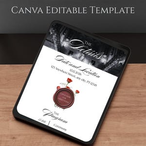 May include: A digital invitation template on a tablet, featuring the text "CANVA EDITABLE TEMPLATE." The invitation includes details like "The Details," date, location, and a "Click Here for Directions" seal with roses. The program time is 11:00.