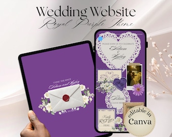 Puede incluir: Diseño de sitio web de bodas digital con un tema púrpura real. El diseño presenta una tableta y un teléfono que muestran los detalles de la boda, incluida una invitación, RSVP y fotos. El texto incluye "Wedding Website Royal Purple Theme" y "Adam & Hailey".