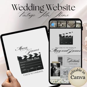 Pode incluir: Um design de site de casamento com tema de filme vintage, exibido em um tablet e um smartphone. O tablet mostra um gráfico de claquete com o texto "Macey & James" e "Kiss the Bride". O smartphone exibe um site com detalhes do casamento.