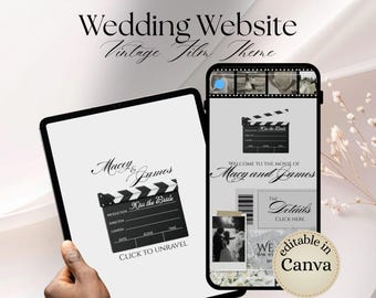 May include: A wedding website design with a vintage film theme, displayed on a tablet and a smartphone. The tablet shows a clapperboard graphic with the text "Macey & James" and "Kiss the Bride". The smartphone displays a website with wedding details.