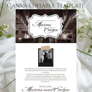 May include: A wedding invitation template with the text "CANVA EDITABLE TEMPLATE" at the top. The invitation features a photo of a couple and the names "Marcus & Evelyn". White flowers and fabric are in the background.