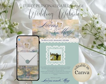 Puede incluir: Un diseño de sitio web de bodas con el texto "FULLY PERSONALISABLE 4-PAGE Wedding Website". El diseño incluye una pantalla de teléfono que muestra una invitación de boda y un diseño de sitio web con los nombres "Lucas & May". Editable en Canva.