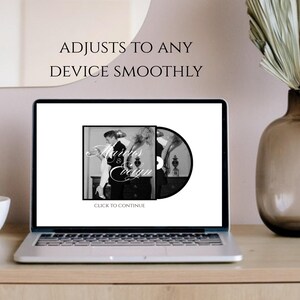 May include: A silver laptop displays a black and white image with the text "Adjusts to any device smoothly." The image on the screen features a vintage photograph with the words "Marries & Coogan." A white bowl and a decorative vase are on the wooden surface.