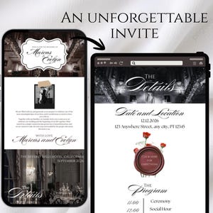 May include: A digital wedding invitation displayed on a smartphone and tablet. The invitation includes the names "Marcus and Evelyn", event details, and the text "An Unforgettable Invite". The design features elegant fonts and a classic aesthetic.