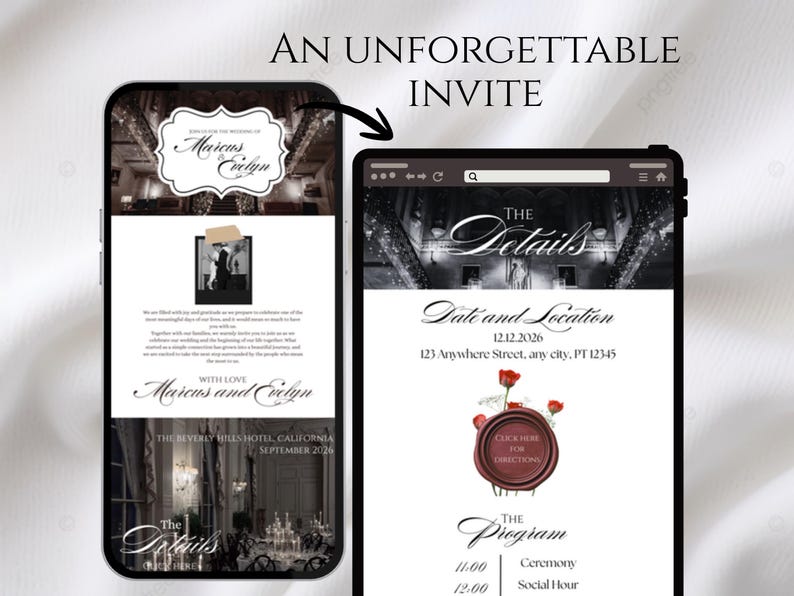 May include: A digital wedding invitation displayed on a smartphone and tablet. The invitation includes the names "Marcus and Evelyn", event details, and the text "An Unforgettable Invite". The design features elegant fonts and a classic aesthetic.