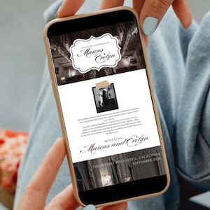 May include: A smartphone displays a wedding invitation design. The invitation features the names "Marcus" and "Evelyn" in elegant script, along with the venue, "The Beverly Hills Hotel, California," and the date, "September 2026."