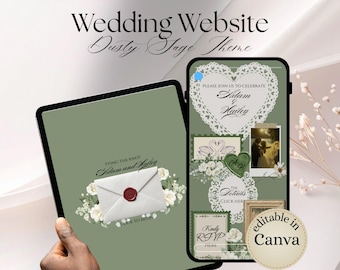 Plantilla de invitación web para bodas en color verde salvia con página de confirmación de asistencia y detalles - Diseño web editable de 4 páginas en verde esmeralda