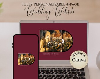 May include: A laptop and smartphone display a wedding website design. The laptop screen and phone screen show a burgundy background with a circular image and the words "CLICK TO CONTINUE". The text "FULLY PERSONALISABLE 4-PAGE Wedding Website" is at the top.