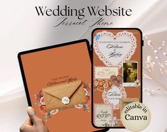 May include: A digital wedding website template with a terracotta theme, displayed on a tablet and smartphone. The tablet shows an invitation with an envelope and floral accents. The phone displays RSVP and wedding details. Text includes "Wedding Website Terracot Theme" and "Editable in Canva."