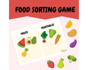 Puede incluir: Un colorido juego educativo titulado "FOOD SORTING GAME" con ilustraciones de frutas y verduras. El juego incluye una sandía, aguacate, piña, fresa, pera, mango, patata, berenjena, brócoli, zanahoria, lechuga y rábano.