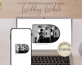 Puede incluir: Un ordenador portátil y un smartphone muestran un diseño de sitio web de bodas. El sitio web presenta una foto en blanco y negro de una pareja. El texto "FULLY PERSONALISABLE 4-PAGE Wedding Website" está en la parte superior. Una pegatina dice "editable in Canva".