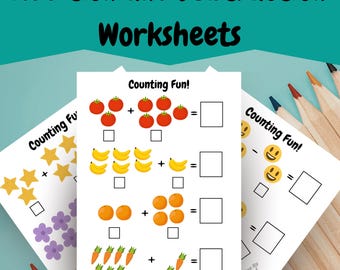 Puede incluir: Hojas de trabajo de suma y resta con ilustraciones de tomates, plátanos, naranjas, zanahorias, estrellas, flores y emoticonos. El texto "Addition and Subtraction Worksheets" y "Counting Fun!" son visibles.