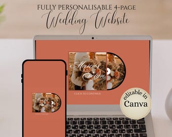 May include: A laptop and smartphone display a wedding website design. The website features a photo of a couple and the names "Marcus & Evelyn." The text "FULLY PERSONALISABLE 4-PAGE Wedding Website" is at the top. A sticker says "editable in Canva."