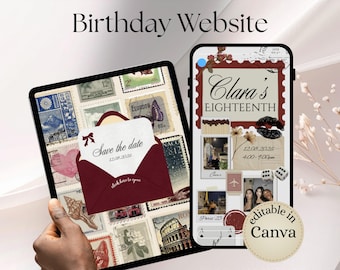 Puede incluir: Un diseño digital de invitación de sitio web de cumpleaños, mostrado en una tableta y un teléfono inteligente. La tableta muestra una tarjeta "Save the date" con un lazo, mientras que el teléfono muestra "Clara's Eighteenth" con fotos y detalles del evento. Editable en Canva.