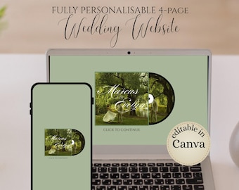 Puede incluir: Un portátil y un smartphone muestran un diseño de sitio web de bodas. La pantalla del portátil muestra un diseño de CD con las palabras "Marcus Evelyn" y una escena de bosque. El teléfono muestra el mismo diseño. El texto dice "FULLY PERSONALISABLE 4-PAGE Wedding Website" y "editable in Canva."