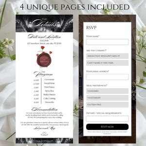 May include: A wedding invitation design with four unique pages. The invitation includes details, date, location, program, and RSVP information. The design features a black and white architectural border and red rose accents.