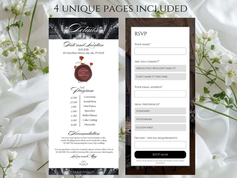 May include: A wedding invitation design with four unique pages. The invitation includes details, date, location, program, and RSVP information. The design features a black and white architectural border and red rose accents.