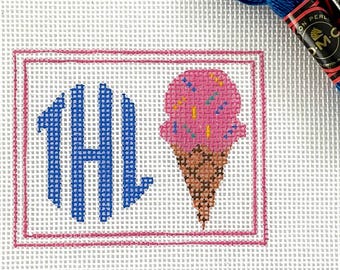 Hand-Painted Monogram Needlepoint NDLPT Canvas: Ice Cream Bag Charm (Canvas Only, No Threads/Kit)