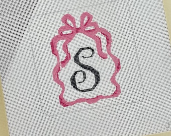 Hand-painted Needlepoint Canvas Ribbon Crest w Initial - NDLPT CANVAS ONLY, No threads or kit