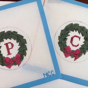 Hand-Painted Needlepoint Canvas Wreath w Initial: Block Letter Wreath (NDLPT Canvas Only, No Threads/Kit)