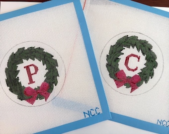 Hand-Painted Needlepoint Canvas Wreath Initial: Block Letter (Canvas Only)