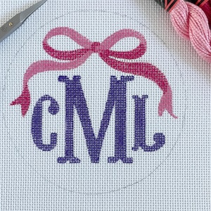 Hand-painted Monogram with Big Bow NDLPT Canvas - CANVAS ONLY, No threads or kit