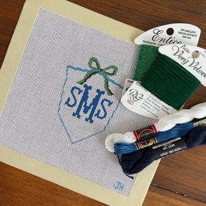 Hand-painted Crest w Bow & Monogram NDLPT 18 Count Canvas - CANVAS ONLY, No threads or kit
