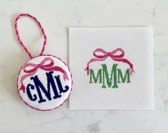 4" Round Hand-Painted Needlepoint Canvas Monogram w Big Bow – 18 Count Canvas Only
