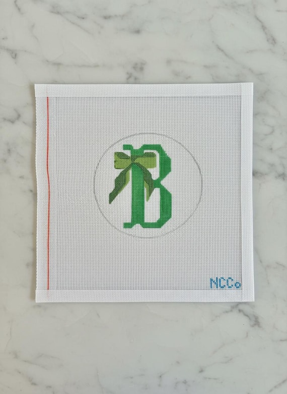Hand-Painted Needlepoint Canvas Initial with Bow (NDLPT Canvas Only, No Threads/Kit)