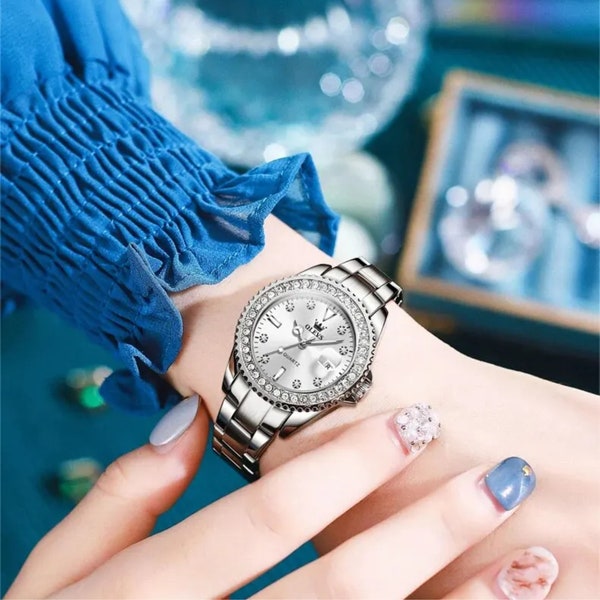 Elegante orologio da donna impermeabile/Cinturino in acciaio inossidabile, Design minimalista, Accento di diamanti argentati/Orologio di lusso di un marchio affidabile