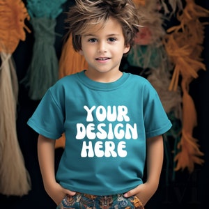 Gildan 5000B Boy Shirt Mock Up Tropical Blue T-Shirt Mockup Scene Kids Digital Mocks Child Instant Download Kid Modeled Tee Fall Tshirt