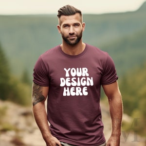 Gildan 64000 Heather Maroon Mockup T Shirt Mockups Hiking Mockup Male Model Mock Ups Mens Modelled Mocks-ups Instant Download Model Tee