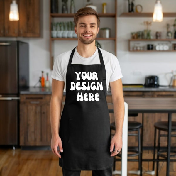 Black Cotton Apron Mockup Male Model Wearing Black Apron Mock Up Kitchen Background Mockups  Instant Digital Download JPG File Happy Man