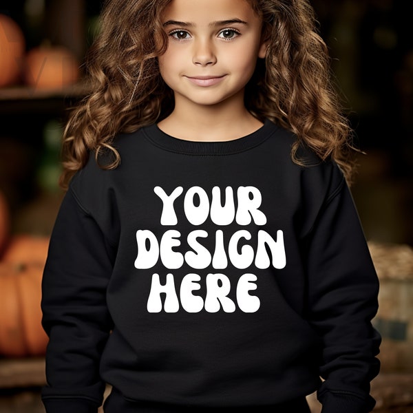 Gildan 18000B Mockup For Etsy Black Sweatshirt Kids Sweater Fall Mockups Autumn Kid Mock Up Child Model Crewneck Pumpkins Graphics Mocks