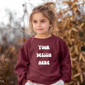 Gildan 18000B Mockup Maroon Sweatshirt Kids Sweater Outdoor Country Mockups Kid Mock Up Child Model Crewneck Graphics Mocks