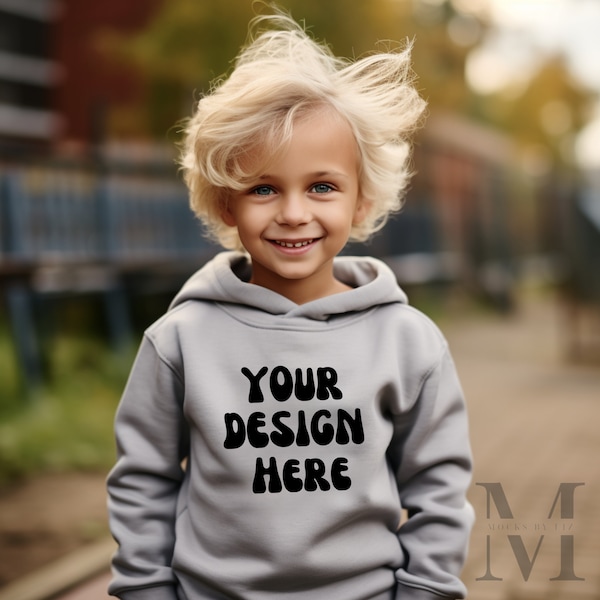 Rabbit Skins 3326 Heather Toddler Mockup Grey Sweatshirt Pullover Fleece Hoodie Trendy Mockups Kids Mocks Ups Blond Haired Boy Mock up JPG