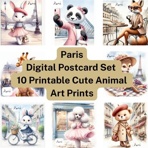 Paris Postcards – Set of 10 Digital Cards | Cute Animal Paris Illustrations | Instant Download | Printable Greeting Cards | JPEG & PDF