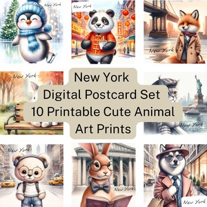 Ensemble de cartes postales numériques New York – 10 tirages d'art animaliers mignons à imprimer | Téléchargement instantané | 5,5 x 5,5 po. et 14 x 14 cm | Aquarelle, art new-yorkais