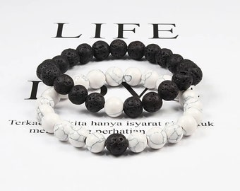 Set Bracelet Couples Distance Black White Natural Lava Stone Beaded Yoga Bracelets for Men Women Elastic Rope Jewelry