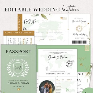 Modèle d'invitation de mariage de passeport, modifiable, faire-part de mariage de verdure, style de carte d'embarquement, modifier dans Canva, vert