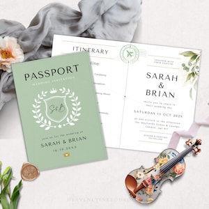 Modèle d'invitation de mariage de passeport, modifiable, faire-part de mariage de verdure, style de carte d'embarquement, modifier dans Canva, vert
