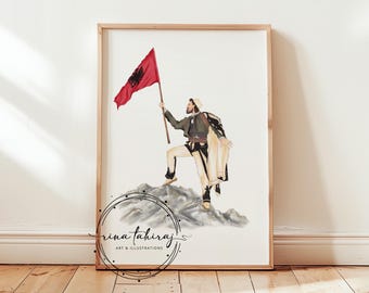 Puede incluir: Una ilustración de acuarela de una persona con ropa tradicional albanesa sosteniendo una bandera roja con el águila albanesa. La persona está de pie en la cima de una montaña rocosa.