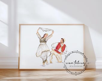May include: A watercolor painting of a couple in traditional folk costumes dancing. The woman is wearing a white dress with gold embroidery and a white headscarf. The man is wearing a red and white vest with a black hat. The painting is framed in a wooden frame.