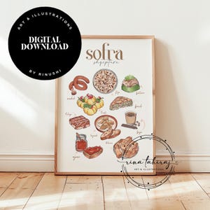 May include: A framed art print featuring illustrations of Albanian cuisine. The print includes the text "sofra shqiptare" and "DIGITAL DOWNLOAD BY RINUSHI". The artwork showcases various dishes in a colorful, detailed style.