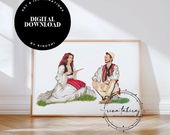 May include: Digital download illustration of a man and woman in traditional clothing, sitting on a grassy hill. The woman is wearing a red headscarf and holding a feather. The man is wearing a white hat and a red vest. The illustration is signed "Irina Tahiraj Art & Illustrations".
