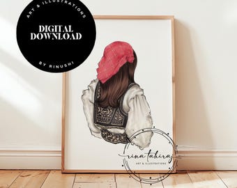 May include: A digital illustration of a woman wearing a traditional folk costume with a red headscarf. The woman is facing away from the viewer and has long brown hair. The costume features a white blouse and a black vest with intricate embroidery.